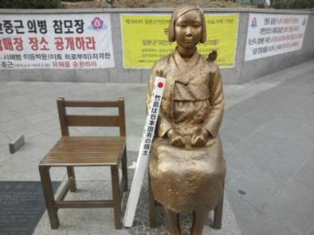 ソウルの日本大使館前の売春婦像に「竹島は日本固有の領土」と書いた杭を縛り付ける鈴木信行