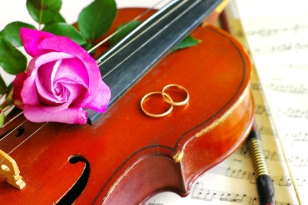 バイオリンと結婚指輪とバラ